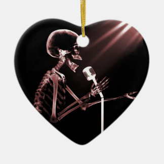 X-RAY VISION SKELETON SINGING ON RETRO MIC - RED CERAMIC TREE DECORATION