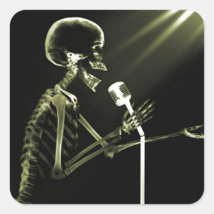 X-RAY VISION SKELETON SINGING ON RETRO MIC YELLOW SQUARE STICKER