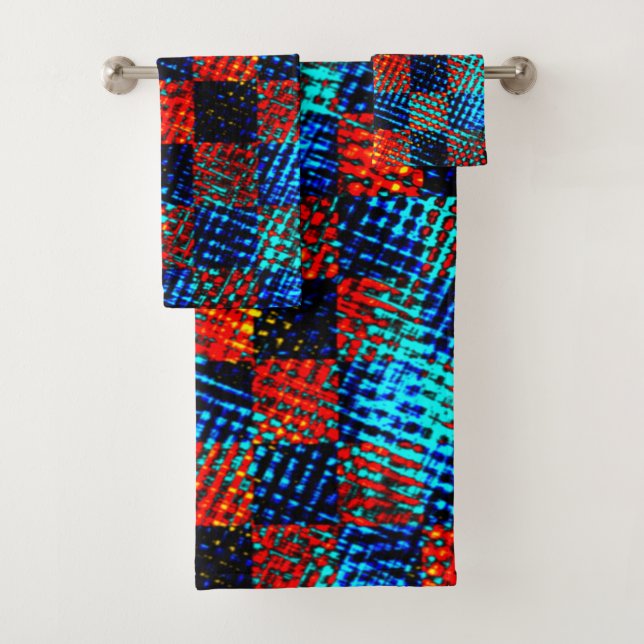 Xadrez azul, laranja, fake sujo com manchas. bath towel set (Insitu)