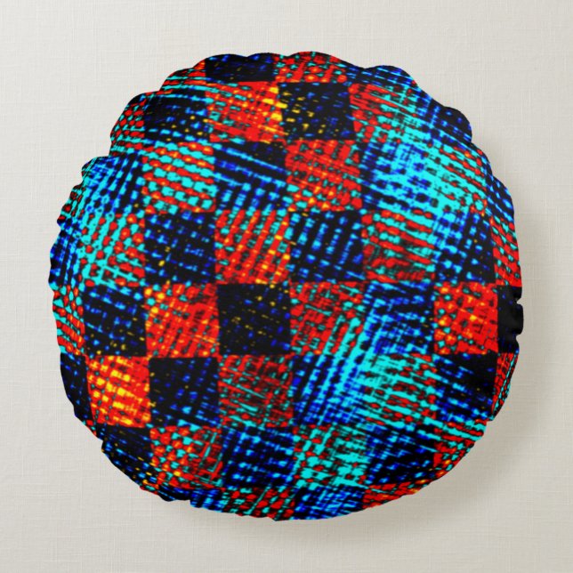 Xadrez azul, laranja quase vermelho, fake sujo round cushion (Front)