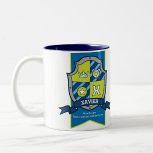 Xavier letter X crest blue green name meaning Two-Tone Coffee Mug