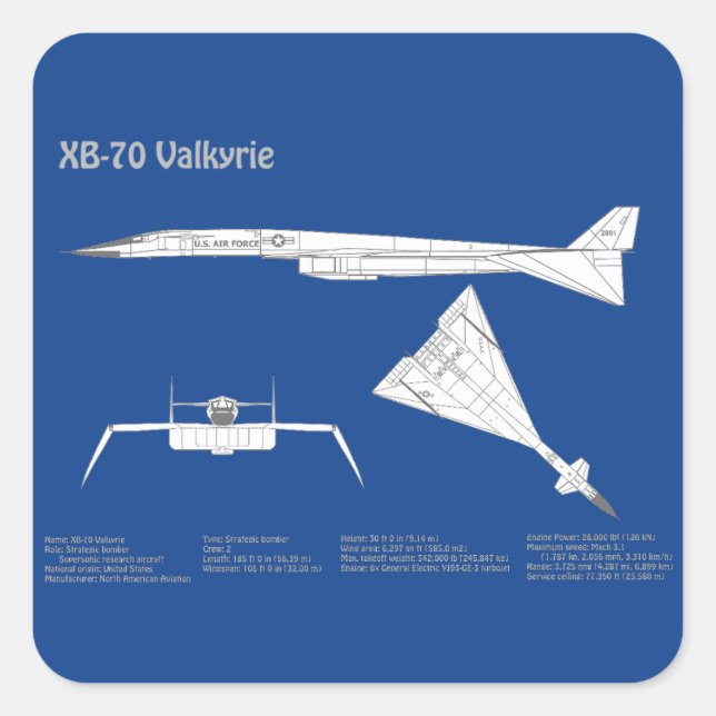 XB-70 Valkyrie - Aeroplane Blueprint Plans ABD Square Sticker (Front)