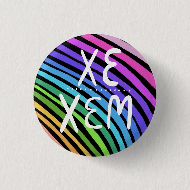 XE/XEM Pronouns Colourful Handlettered Rainbow 3 Cm Round Badge (Front)