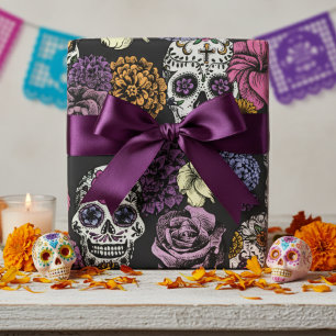XL Colorful Mexican Sugar Skulls Flowers Black Wrapping Paper