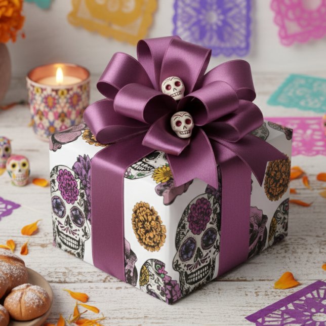 XL Colourful Handdrawn Mexican Sugar Skulls Flower Wrapping Paper (Festive Dia de los Muertos Colorful Mexican Wrapping Paper. Floral Skulls Day of the Dead Pattern)
