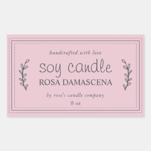 XL Homemade Soy Candle Foliage Pastel Pink Custom Rectangular Sticker