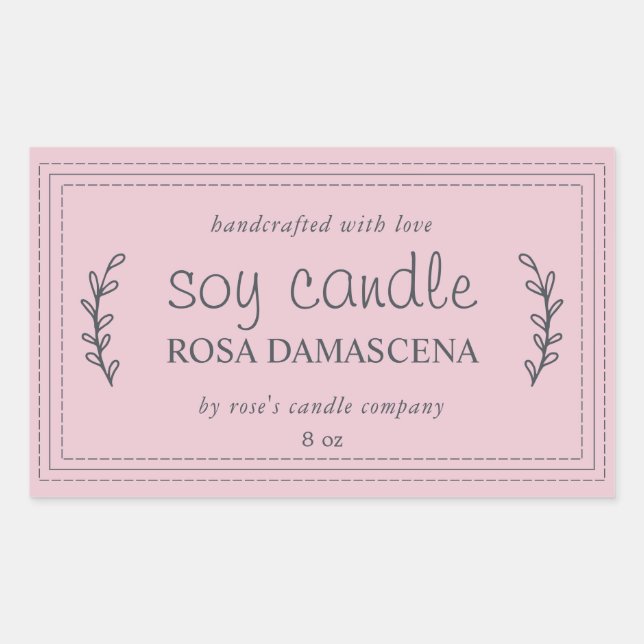 XL Homemade Soy Candle Foliage Pastel Pink Custom Rectangular Sticker (Front)