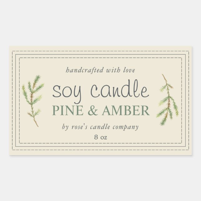 XL Homemade Soy Candle Pine Sprig Antique White Rectangular Sticker (Front)
