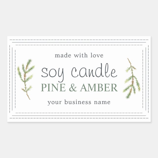 XL Homemade Soy Candle Pine Sprig White Custom Rectangular Sticker (Front)