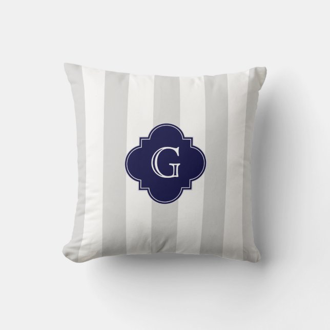 XL Lt Grey White Stripes Navy Quatrefoil Monogram Cushion (Front)