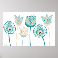XL Turquoise Aqua Vintage Funky Flower Art