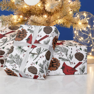 XL Winter Perched Red Cardinal & Pine Cones Wrapping Paper