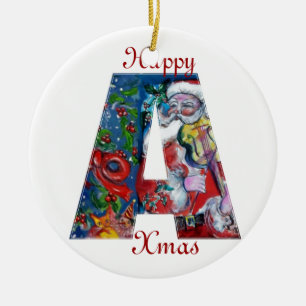 XMAS A LETTER /SANTA  CLAUS WITH VIOLIN MONOGRAM CERAMIC TREE DECORATION