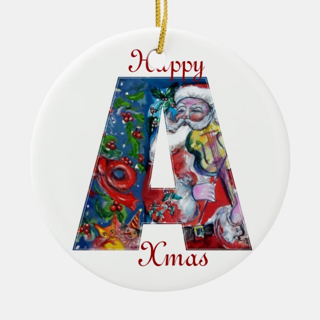 XMAS A LETTER /SANTA  CLAUS WITH VIOLIN MONOGRAM CERAMIC TREE DECORATION (Front)