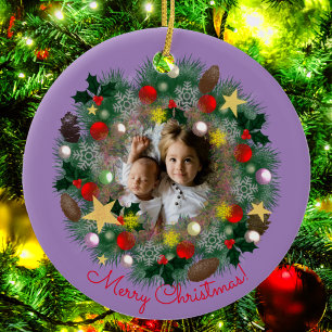 Xmas and New Year greetings, photo in wreath Ceramic Tree Decoration