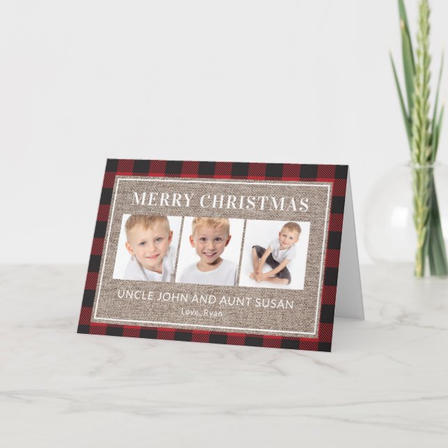 XMas Aunt Uncle Red Black Buffalo Plaid 3 Photo Card (Front)