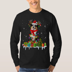 Xmas Australian Shepherd Christmas Lights Santa Re T-Shirt