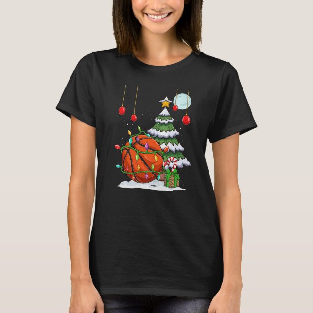 Xmas Basketball decorate the tree lights moon Chri T-Shirt (Front)