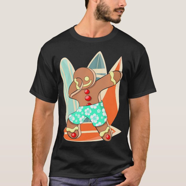 Xmas Beach Boy Dabbing Gingerbread Man Christmas T-Shirt (Front)