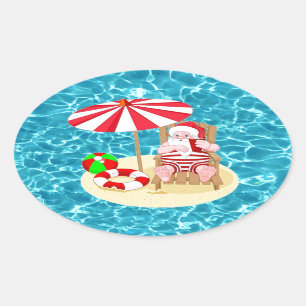 xmas beach santa claus oval sticker