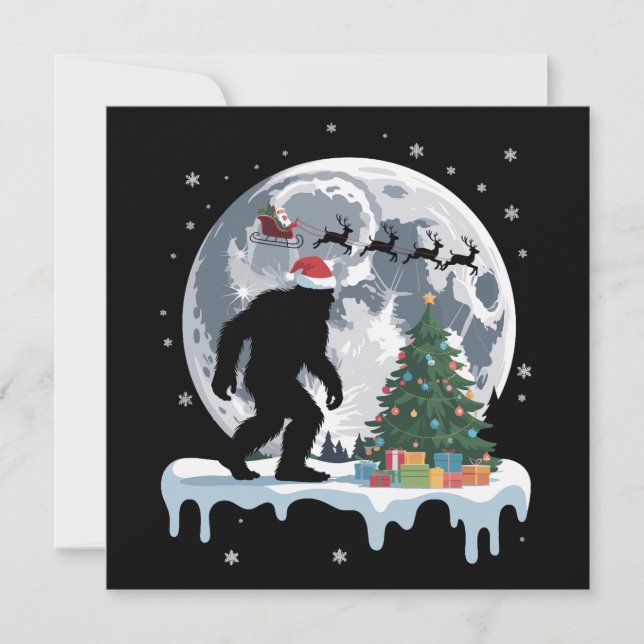 Xmas Bigfoot Santa Tree Sleigh Moon Reindeer Snow Holiday Card (Front)