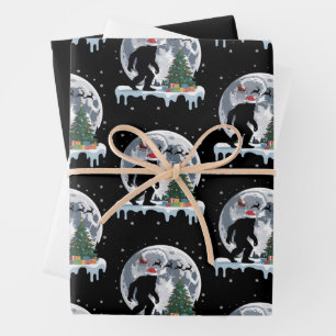 Xmas Bigfoot Santa Tree Sleigh Moon Reindeer Snow Wrapping Paper Sheet