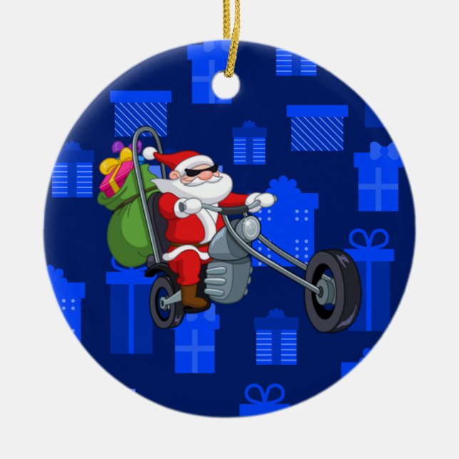xmas biker santa claus ceramic tree decoration (Front)
