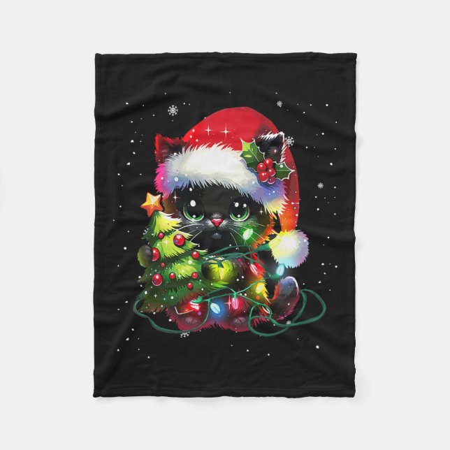 Xmas Black Cat Santa Hat Tangled Up In Christmas T Fleece Blanket (Front)