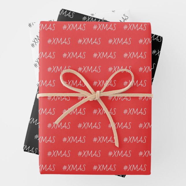 XMAS Black Red White Personalised Wrapping Paper Sheet (In situ)