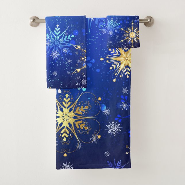 XMAS Blue Background with Golden Snowflakes Bath Towel Set (Insitu)