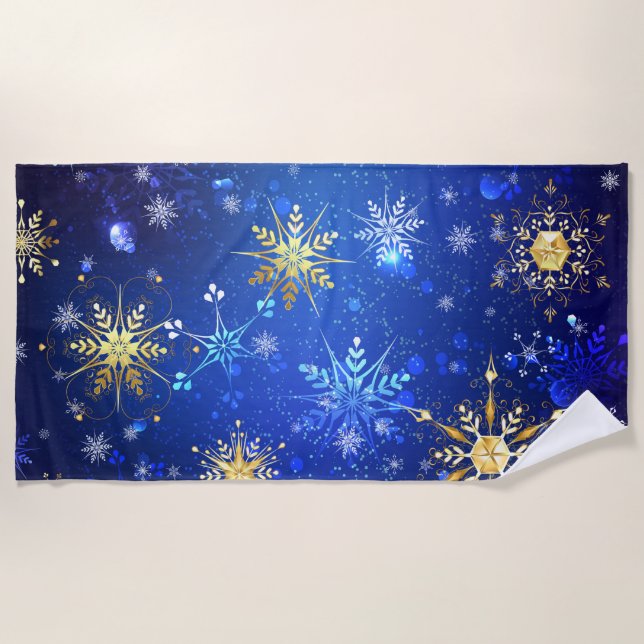 XMAS Blue Background with Golden Snowflakes Beach Towel (Front)