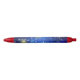 XMAS Blue Background with Golden Snowflakes Black Ink Pen