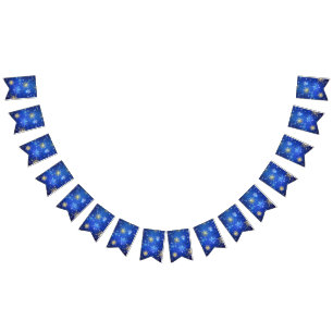 XMAS Blue Background with Golden Snowflakes Bunting