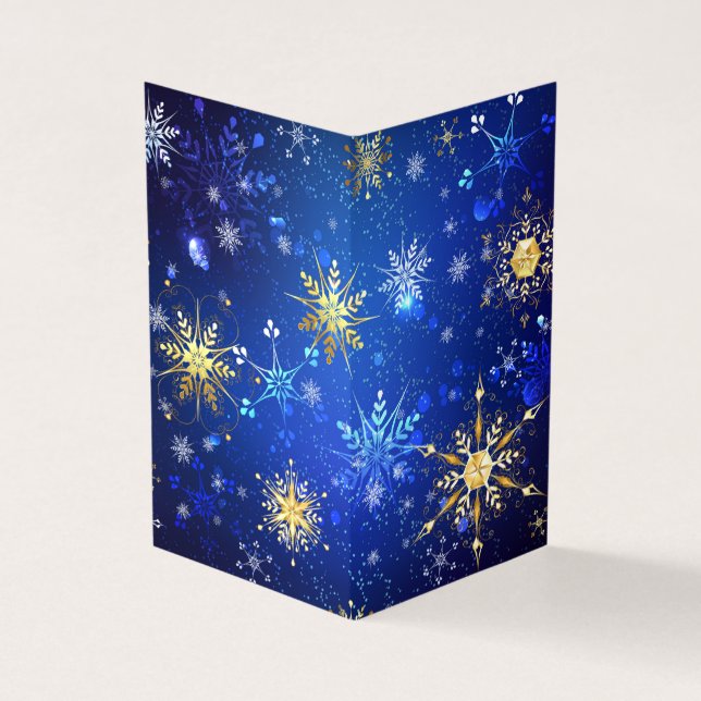 XMAS Blue Background with Golden Snowflakes Business Card (Outside)