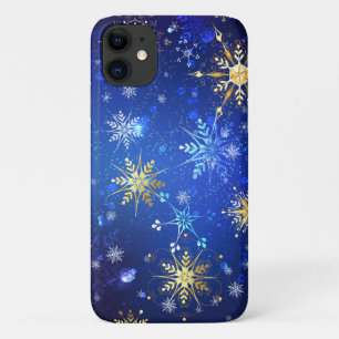 XMAS Blue Background with Golden Snowflakes iPhone 11 Case