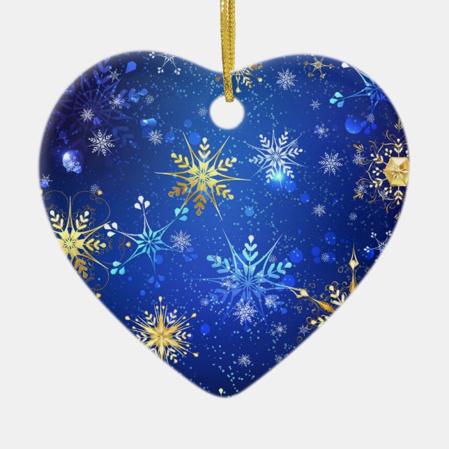 XMAS Blue Background with Golden Snowflakes Ceramic Tree Decoration (Front)