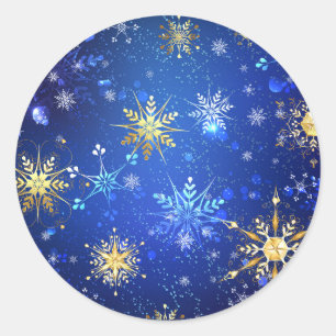 XMAS Blue Background with Golden Snowflakes Classic Round Sticker