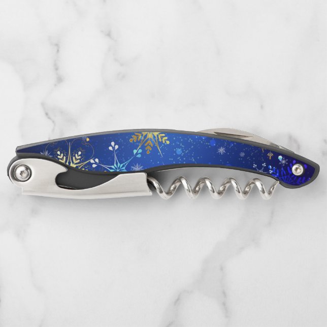 XMAS Blue Background with Golden Snowflakes Corkscrew (Front)