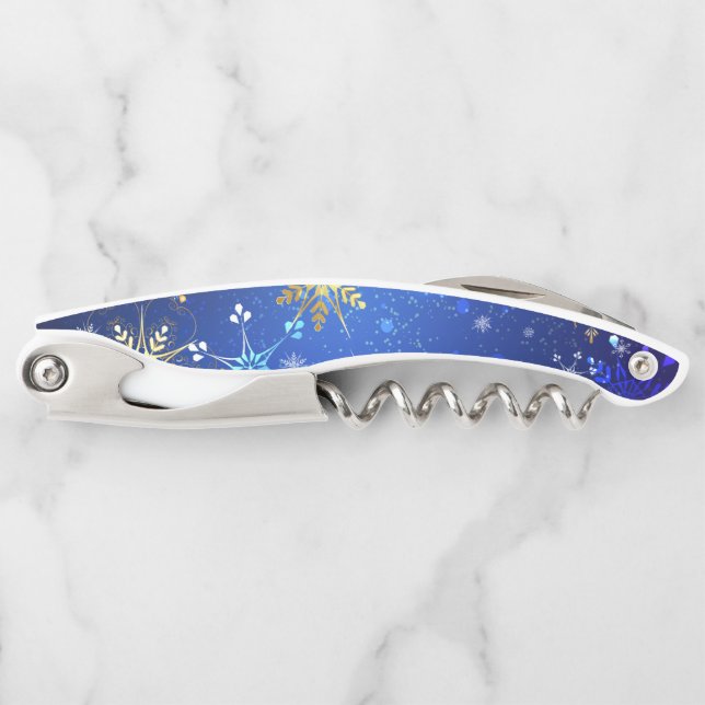 XMAS Blue Background with Golden Snowflakes Corkscrew (Front)
