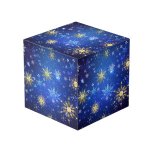 XMAS Blue Background with Golden Snowflakes Cube