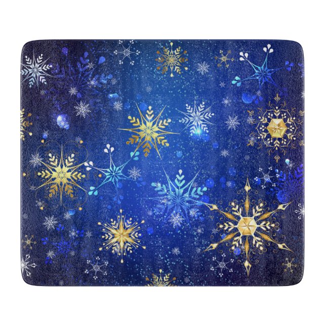 XMAS Blue Background with Golden Snowflakes Cutting Board (Front)