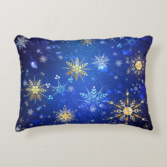 XMAS Blue Background with Golden Snowflakes Decorative Cushion (Front)