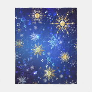 XMAS Blue Background with Golden Snowflakes Fleece Blanket