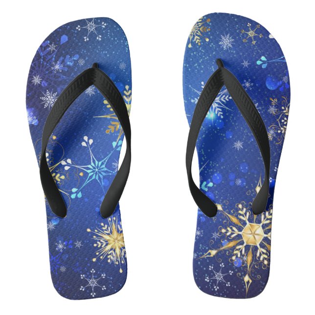 XMAS Blue Background with Golden Snowflakes Flip Flops (Footbed)