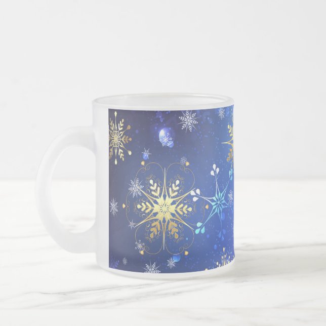 XMAS Blue Background with Golden Snowflakes Frosted Glass Coffee Mug (Left)