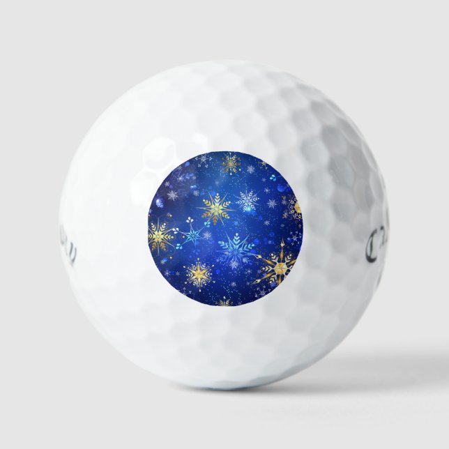 XMAS Blue Background with Golden Snowflakes Golf Balls (Front)