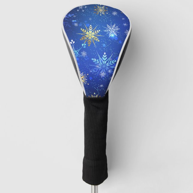 XMAS Blue Background with Golden Snowflakes Golf Head Cover (Front)