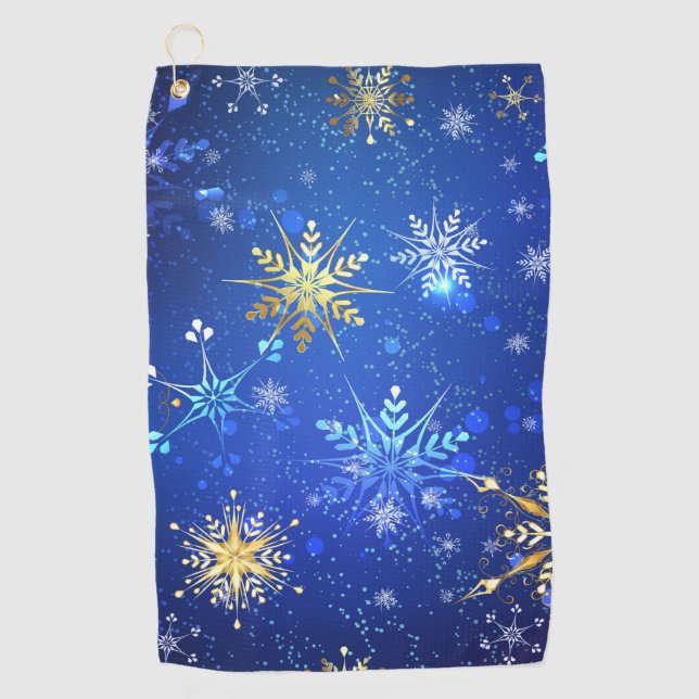 XMAS Blue Background with Golden Snowflakes Golf Towel (Front)