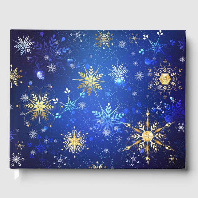 XMAS Blue Background with Golden Snowflakes Guest Book (Front)