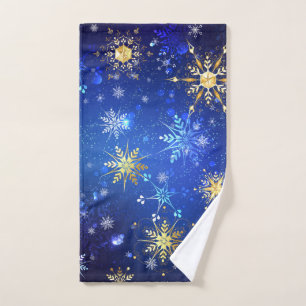 XMAS Blue Background with Golden Snowflakes Hand Towel